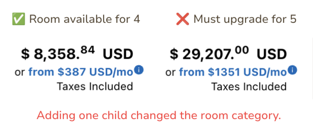 Hotel Xcaret family of 4 vs family of 5 booking comparison